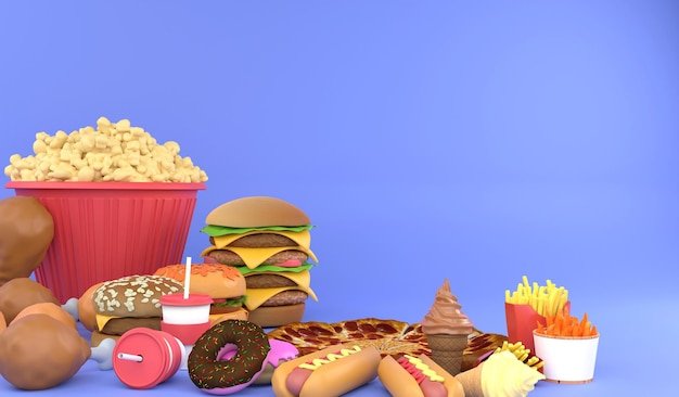 3D rendering closeup group of junk food 3D illustration fast food concept and copy space