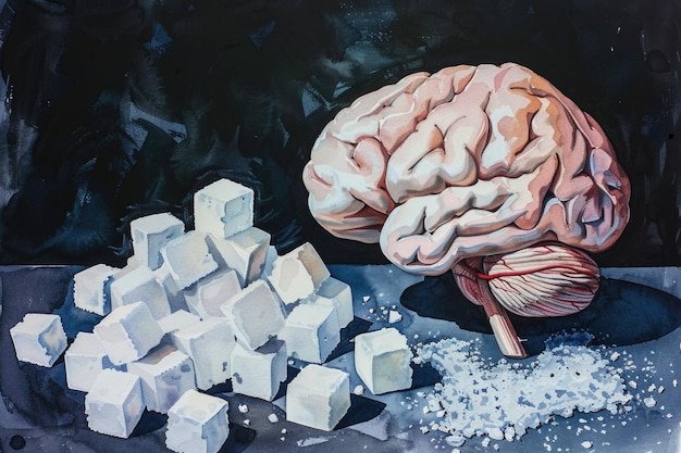 Illustration of a brain surrounded by cubes of sugar highlighting the connection between mental health and sweetness