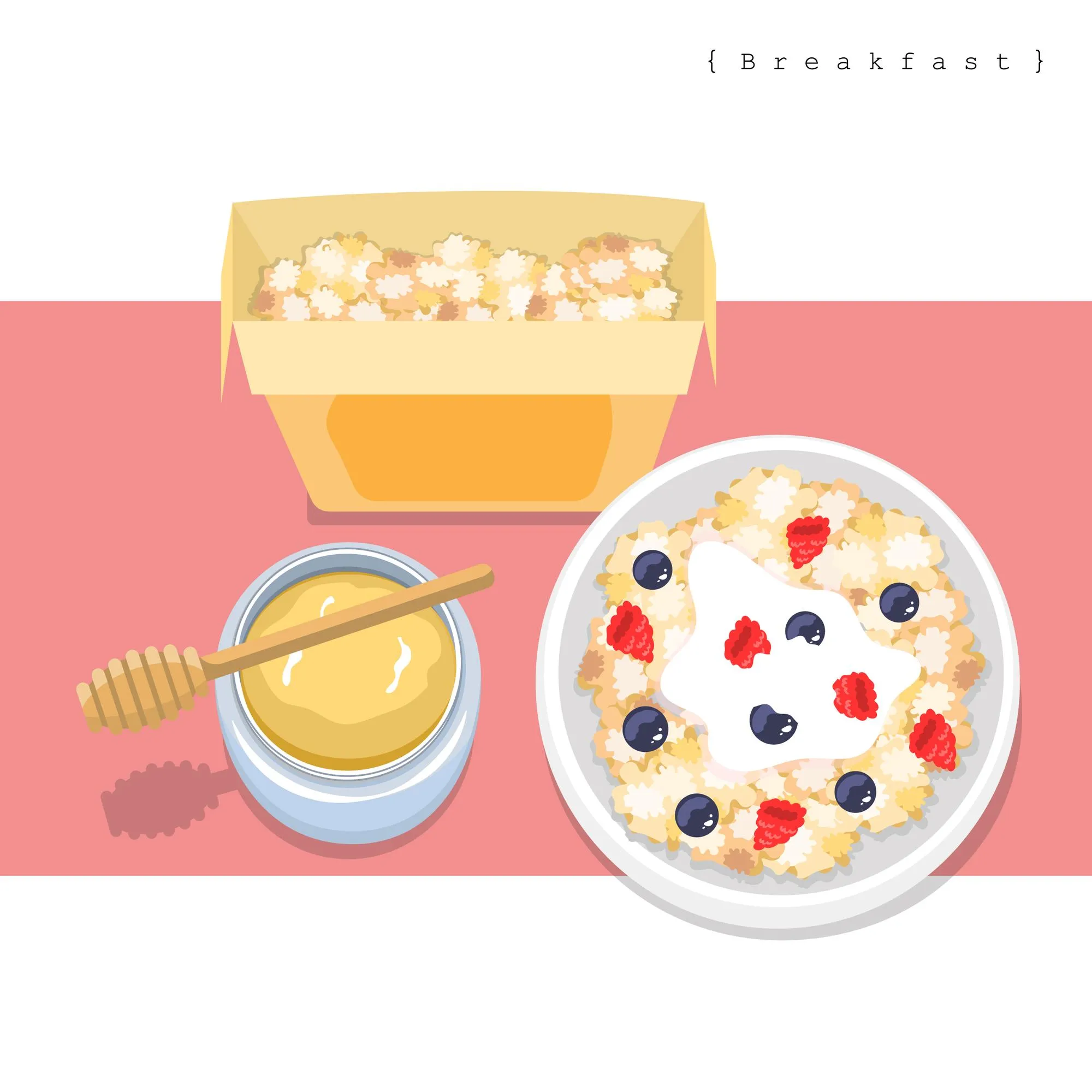 Illustration vector flat style of cereal box cereal in bowl with honey isolated on table