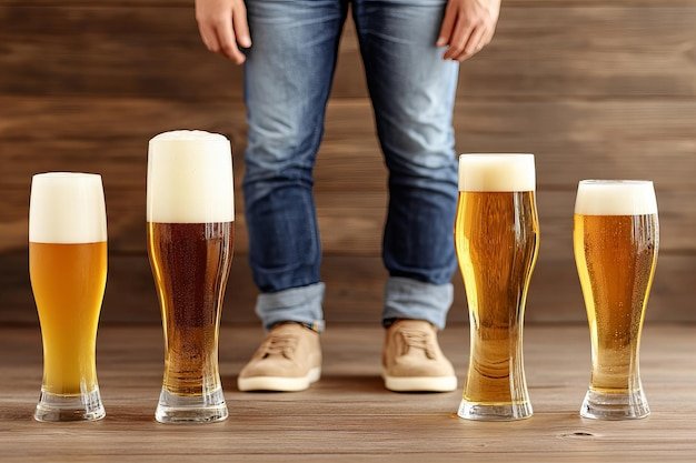 Male choosing between different beers in glasses on wooden table