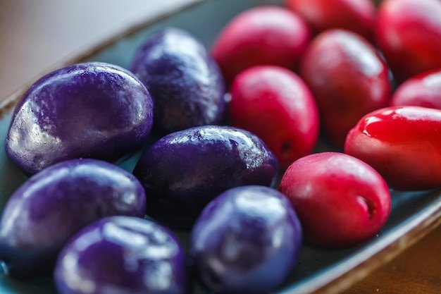 Olives colored purple and pink selective focus