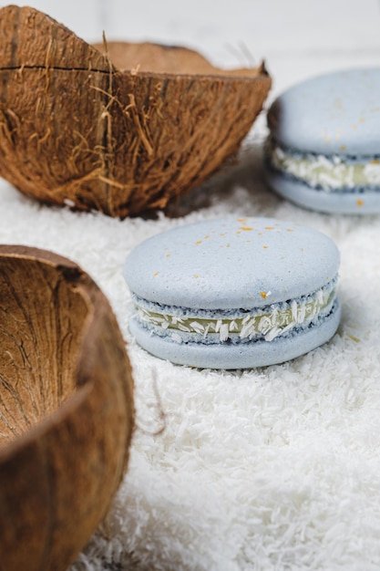 Cake macarons stuffed with coconut and white chocolate Exquisite French dessert for coffee drinking