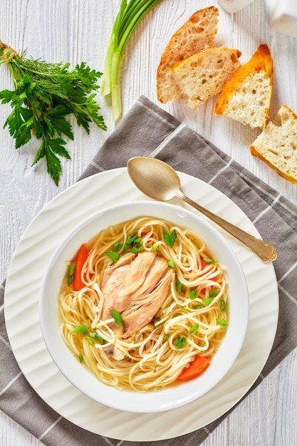 Chicken noodle soup with carrots and scallion