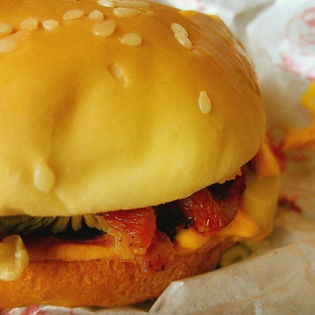 Close-up of burger on table