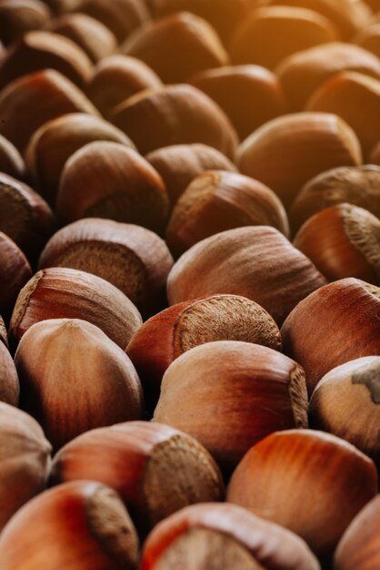 Closeup of some unopened hazelnuts filling the entire frame