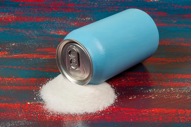 Comparison of the amount of sugar in a light blue can of soda