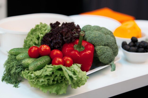 Composition of vegetables on the plate is broccoli cherry tomatoes peppers cucumbers
