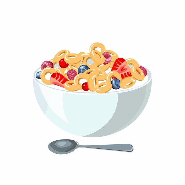 Corn flakes with milk for classic hotel breakfast. Brunch healthy start day options food. Vector illustration.