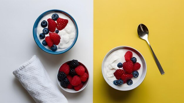 a couple of bowls of yogurt berries and yogurt are on a table