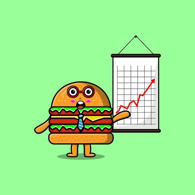 Cute cartoon Burger businessman present information in flat modern style design