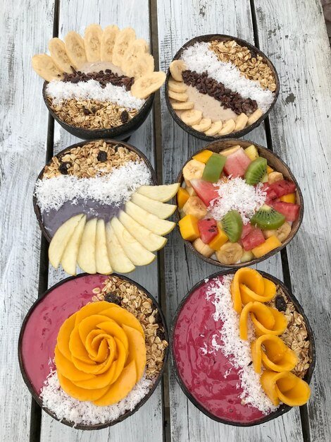 Directly above shot of food in bowls on table