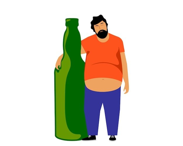 Drunk man hugging a bottle of alcohol Alcoholic with a bad habit Vector illustration
