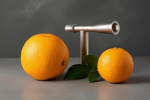 Front view of organic natural cut fresh orange with tube on gray background
