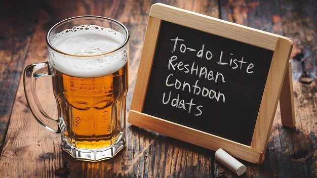 Glass of beer and blackboard on wooden table