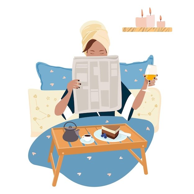 Good Morning Concept Young woman having a breakfast in bed and reading newspaper