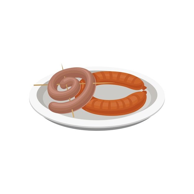 Grilled sausages on a plate meat food vector Illustration isolated on a white background