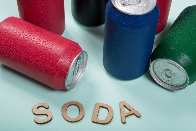 Group of colorful aluminum soda cans