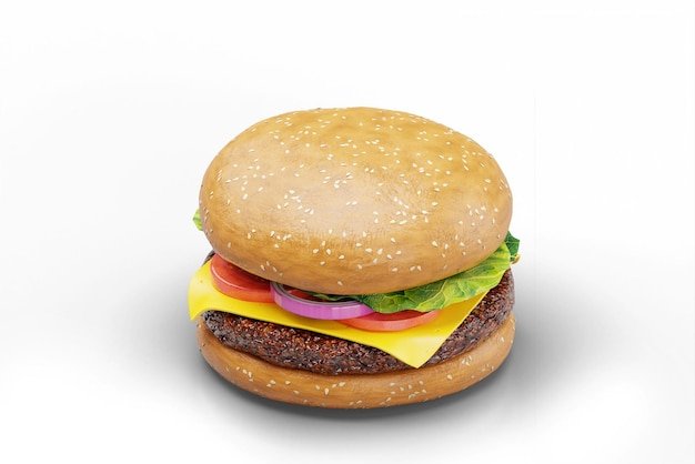 A hamburger with lettuce, tomato, and onion on it.