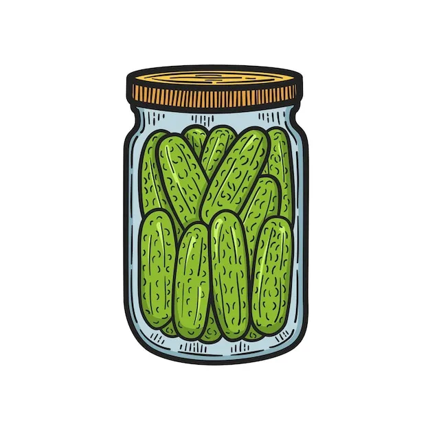 Hand drawn jar of canned cucumbers. Colourful Sketch. Vector illustration