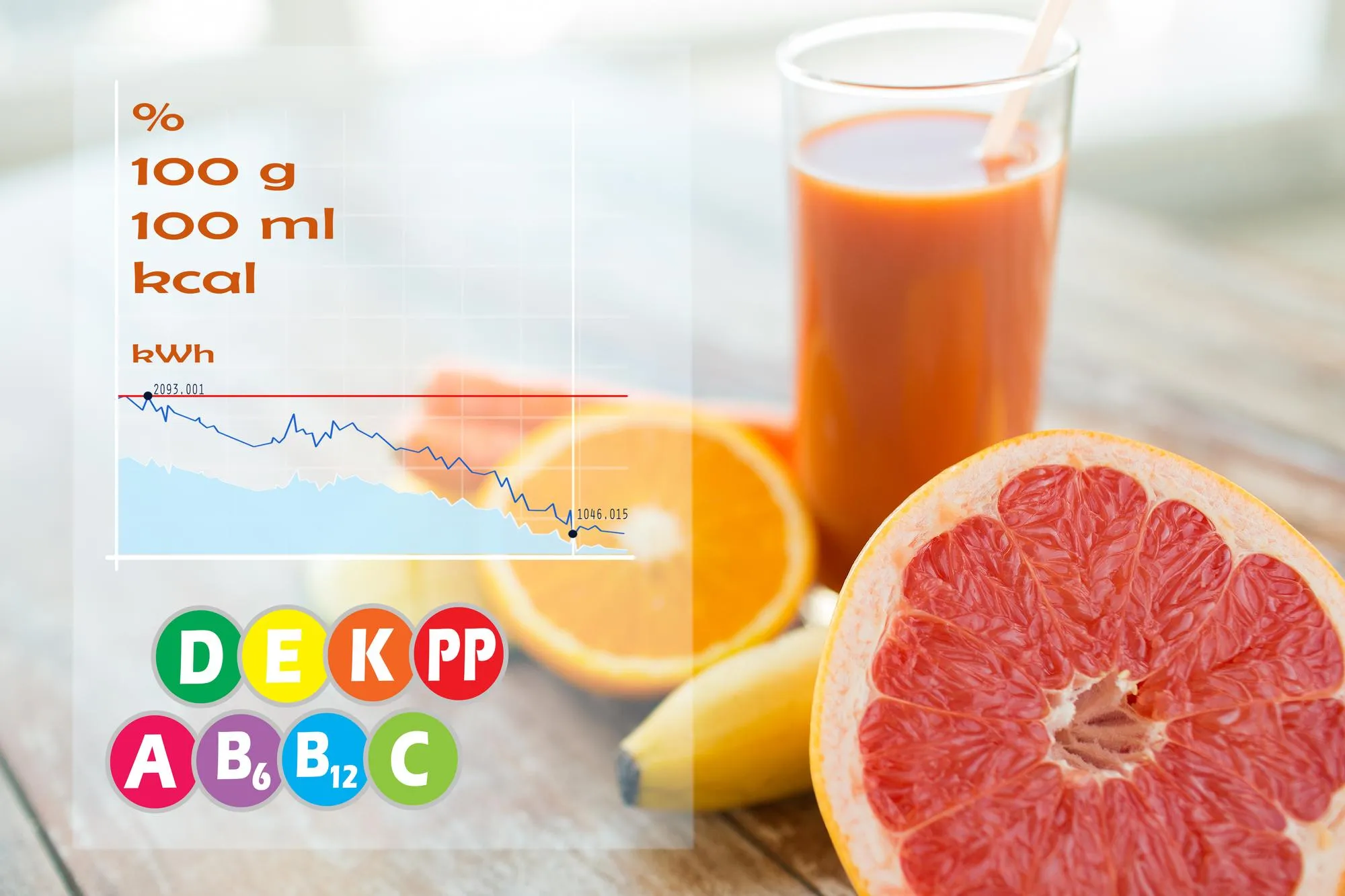 healthy eating, food and diet concept - close up of fresh juice glass and fruits on table with calories and vitamin chart
