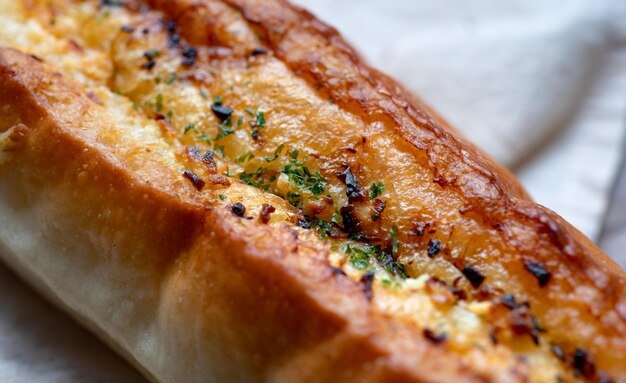 High angle view of garlic bread