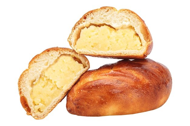 homemade food pastries bun pie stuffed boiled potatoes bakery products on a white isolated backgr