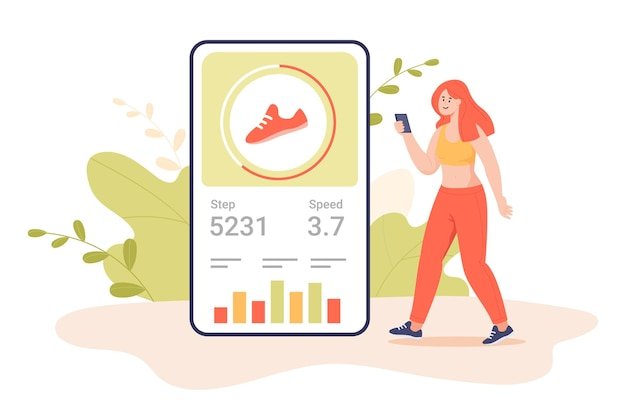 Huge phone and active woman using fitness tracker mobile app