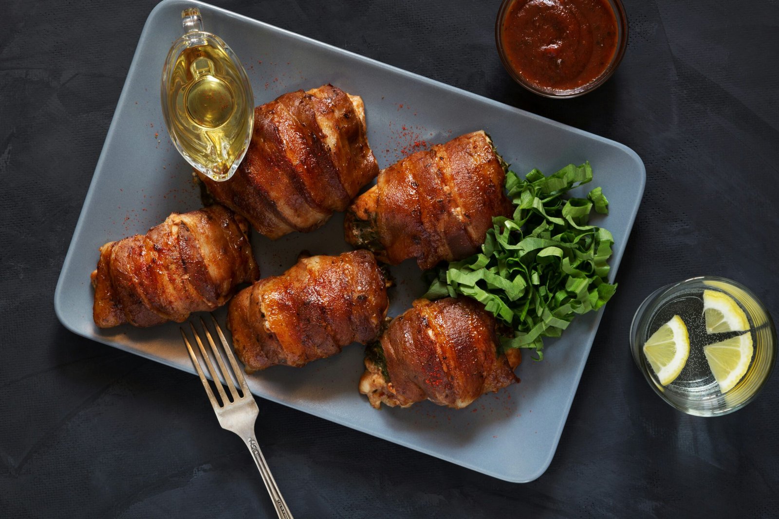 Bacon-wrapped chicken thighs sit ready to be enjoyed.