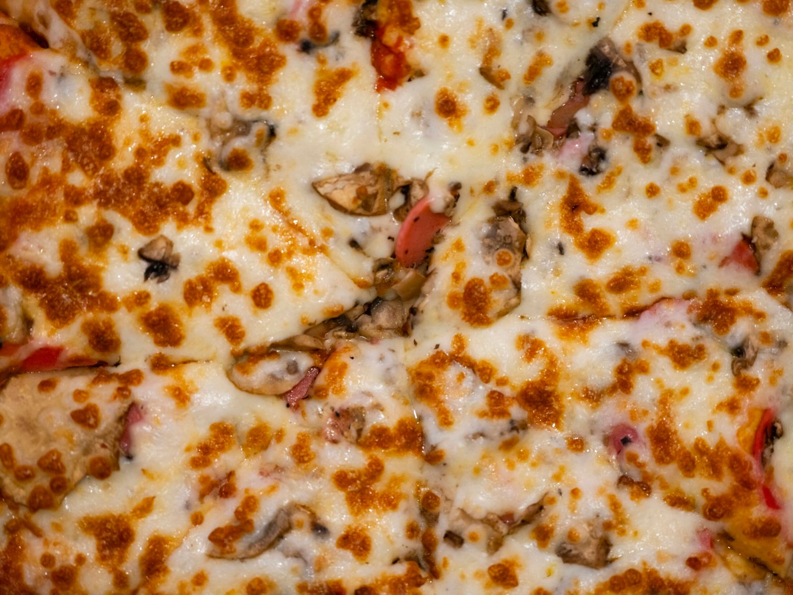 Close-up of a delicious, cheesy pizza with toppings.