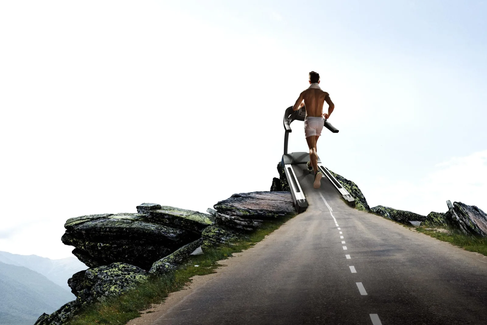 Man running on a treadmill concept for exercising, fitness and healthy lifestyle. Mixed media