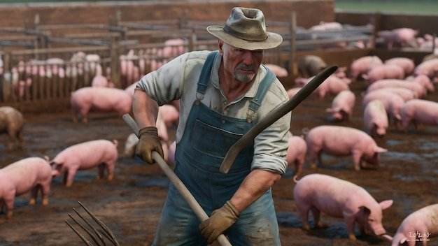 Middle aged farmer cleaning at pig farm