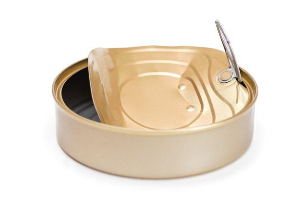 Opened empty tin can with broken cover isolated on white background