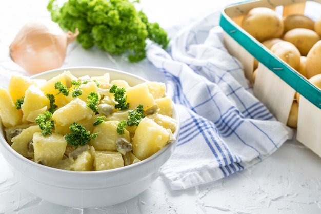 Potato salad and ingredients on white concrete countertop