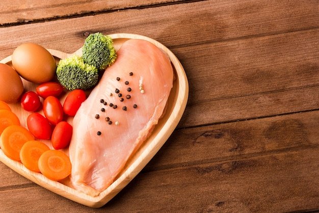 Raw chicken breasts fillets in heart plate wood