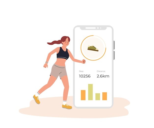 Running woman with Smartphone App Displaying Steps and Distance