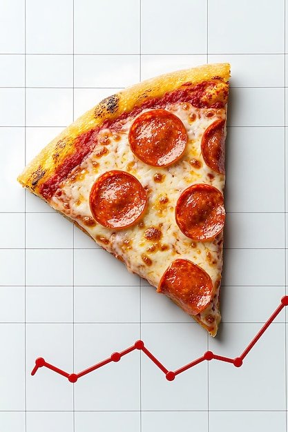 A slice of pepperoni pizza is on a white background with a red line The pizza slice is cut in half and the red line is drawn on the background Concept of growth and progress