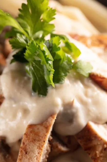 Spinach chicken alfredo parmesan pasta selective focus