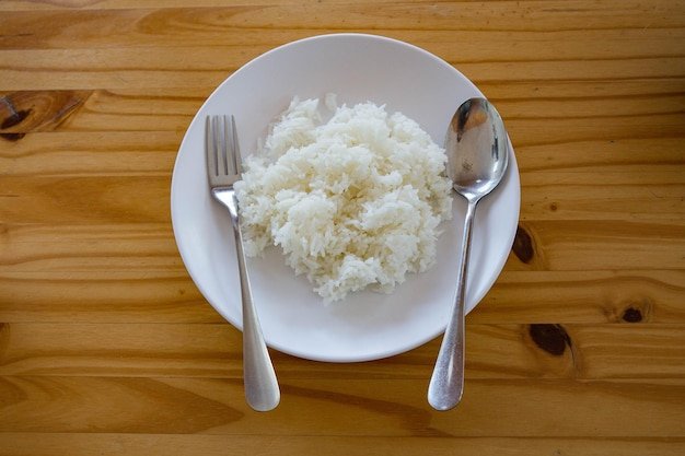 Steamed rice in a white plate