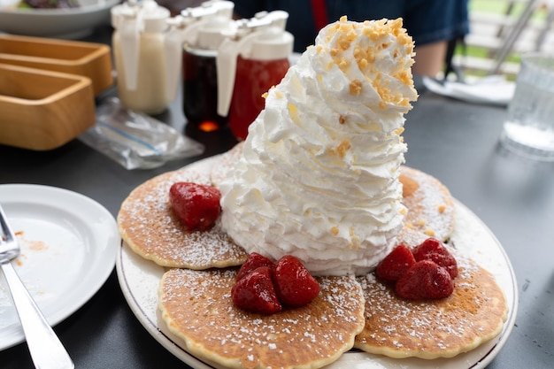 Tasty Blueberry Pancakes With whipped cream isolated Sweet Homemade Vanilla Whipped Cream