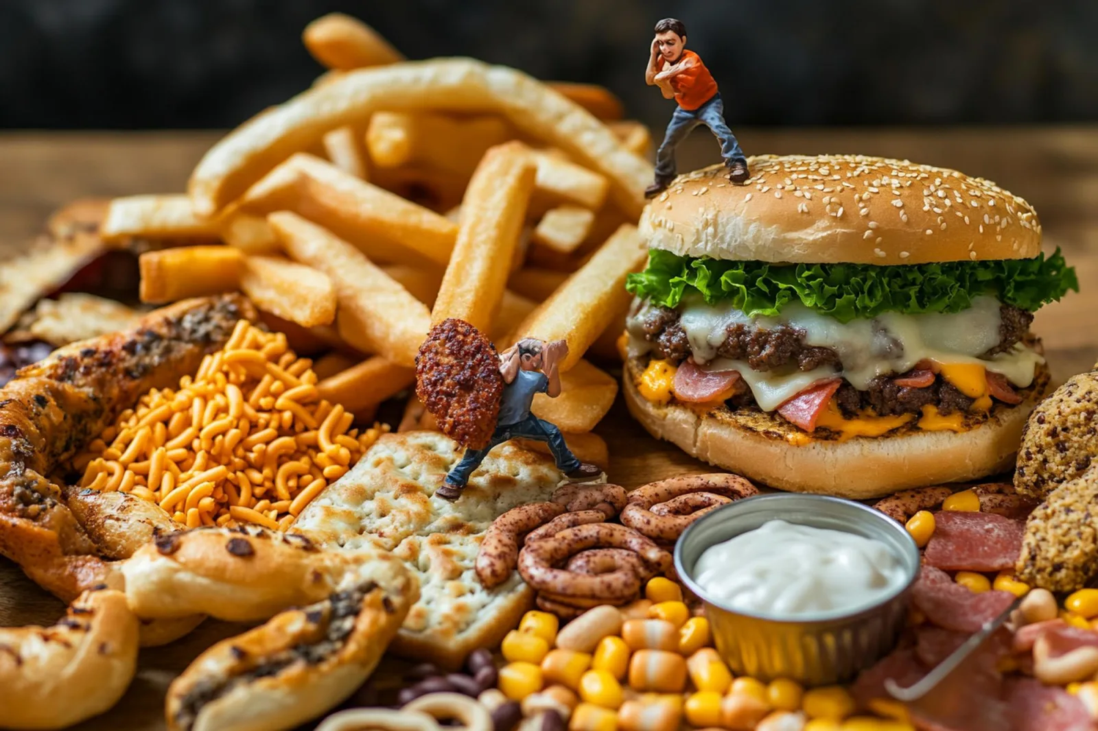 Tiny persons with unhealthy diet and carb foods sign