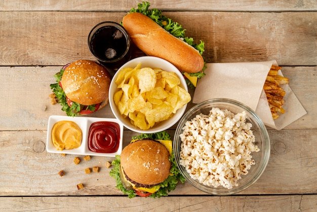 Top view fast food on wooden table