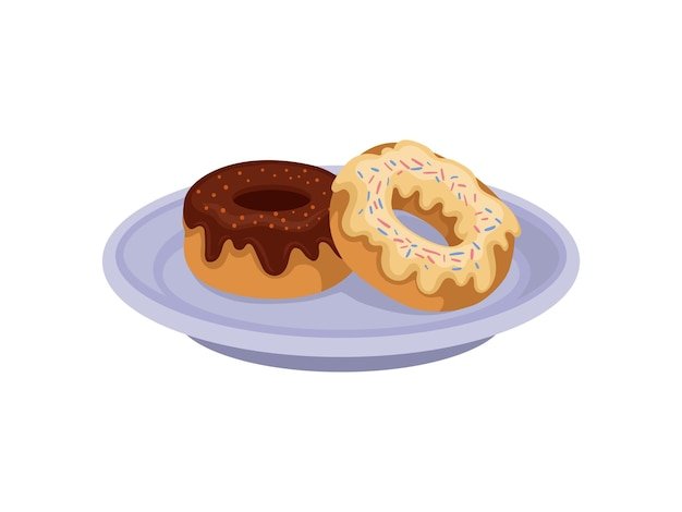 Two sweet donuts with chocolate and vanilla glaze on blue plate Delicious snack Meal for breakfast Food theme Illustration in flat style isolated on white background Cartoon vector design