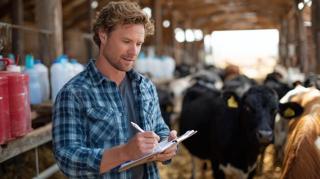 Young farmer writing notes in barn surrounded by dairy cows during daytime
