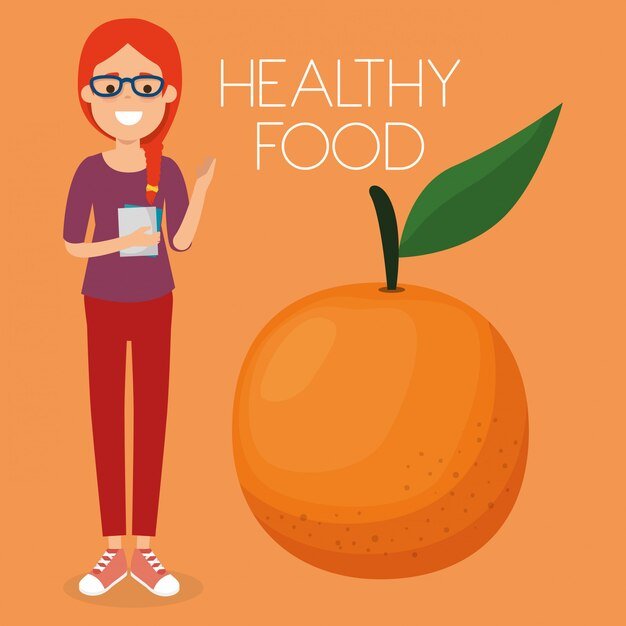 young woman with orange healthy food