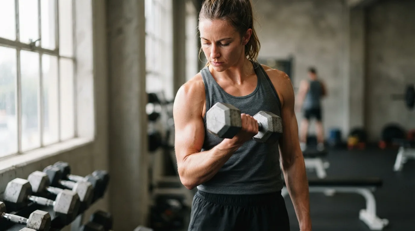 a person exercising their arm muscles in a gym