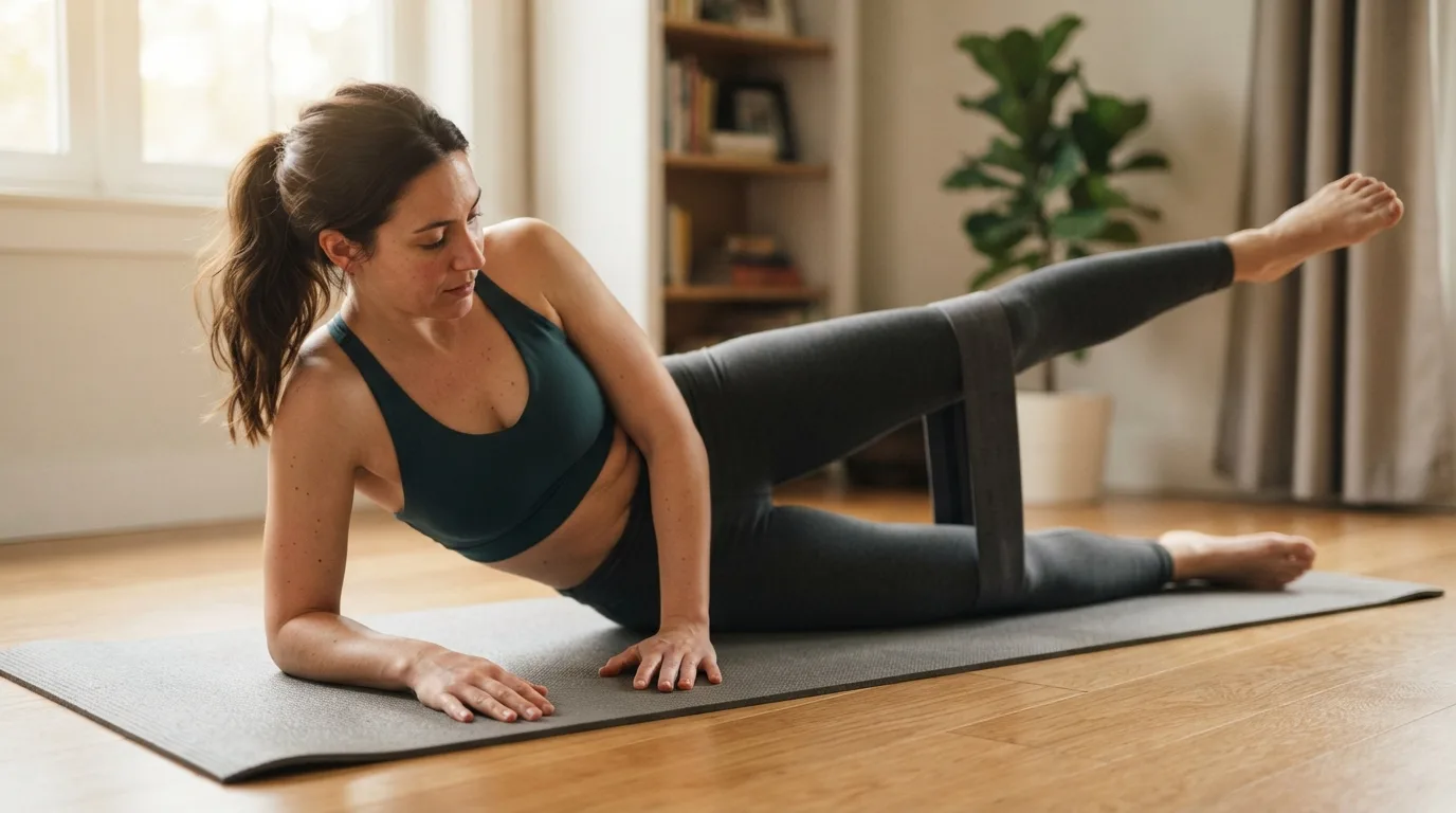 a woman doing hip exercises on a mat at home