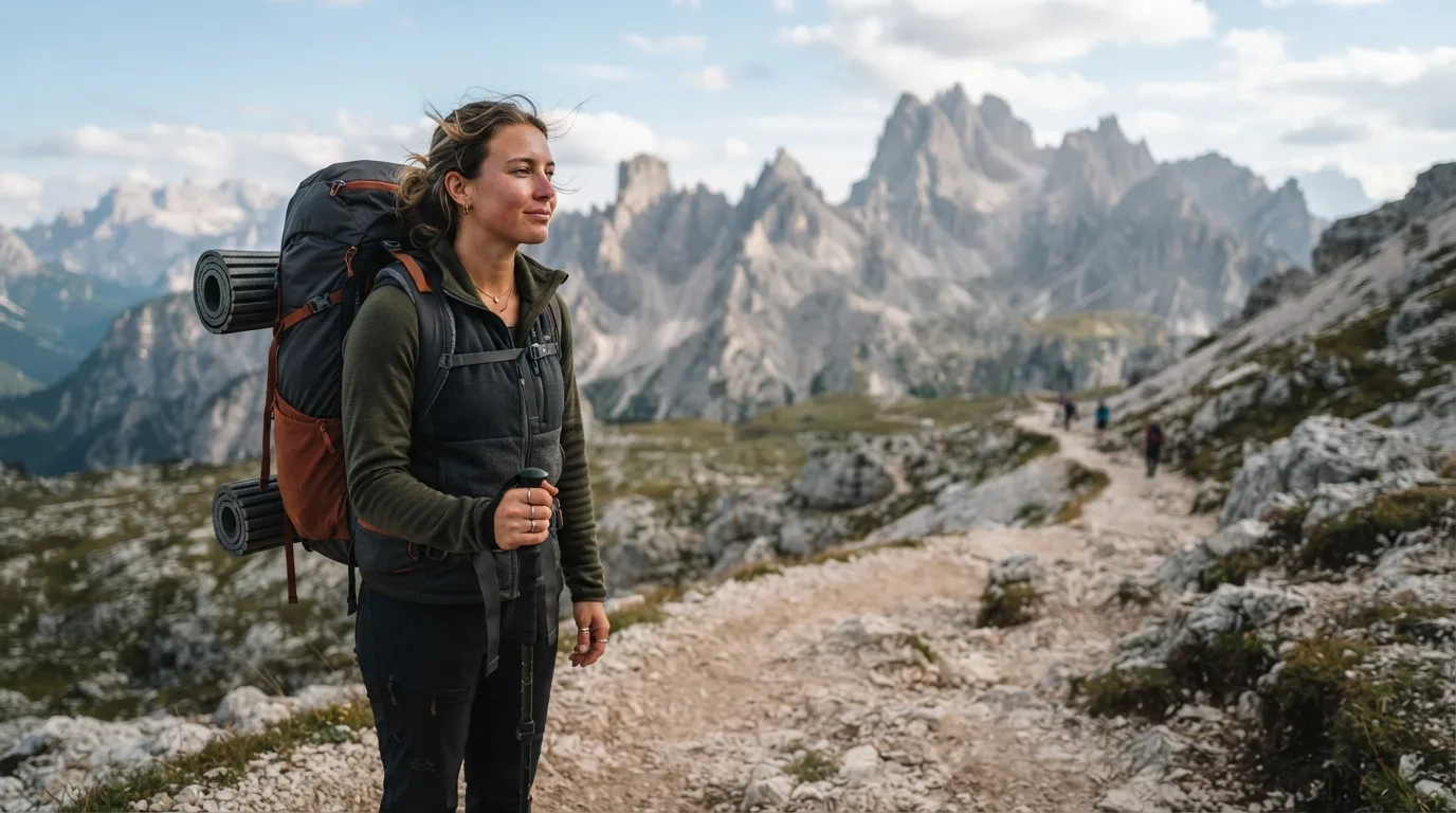 a traveler with a backpack standing on a mountain trail
