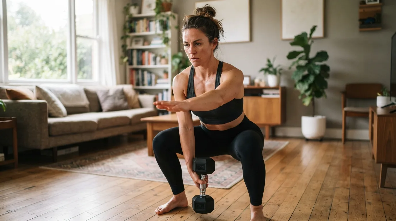 a woman doing squats in a living room
