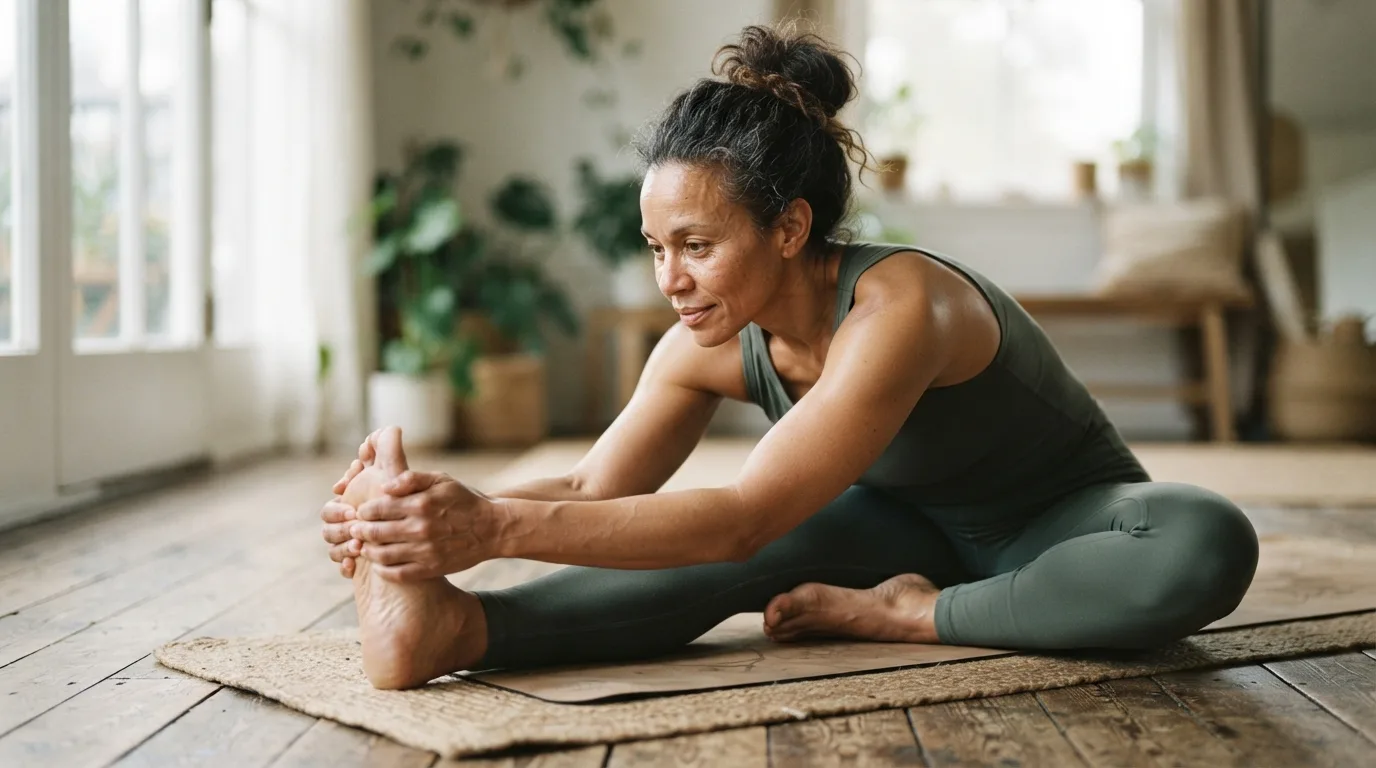 a woman stretching her legs on a yoga mat