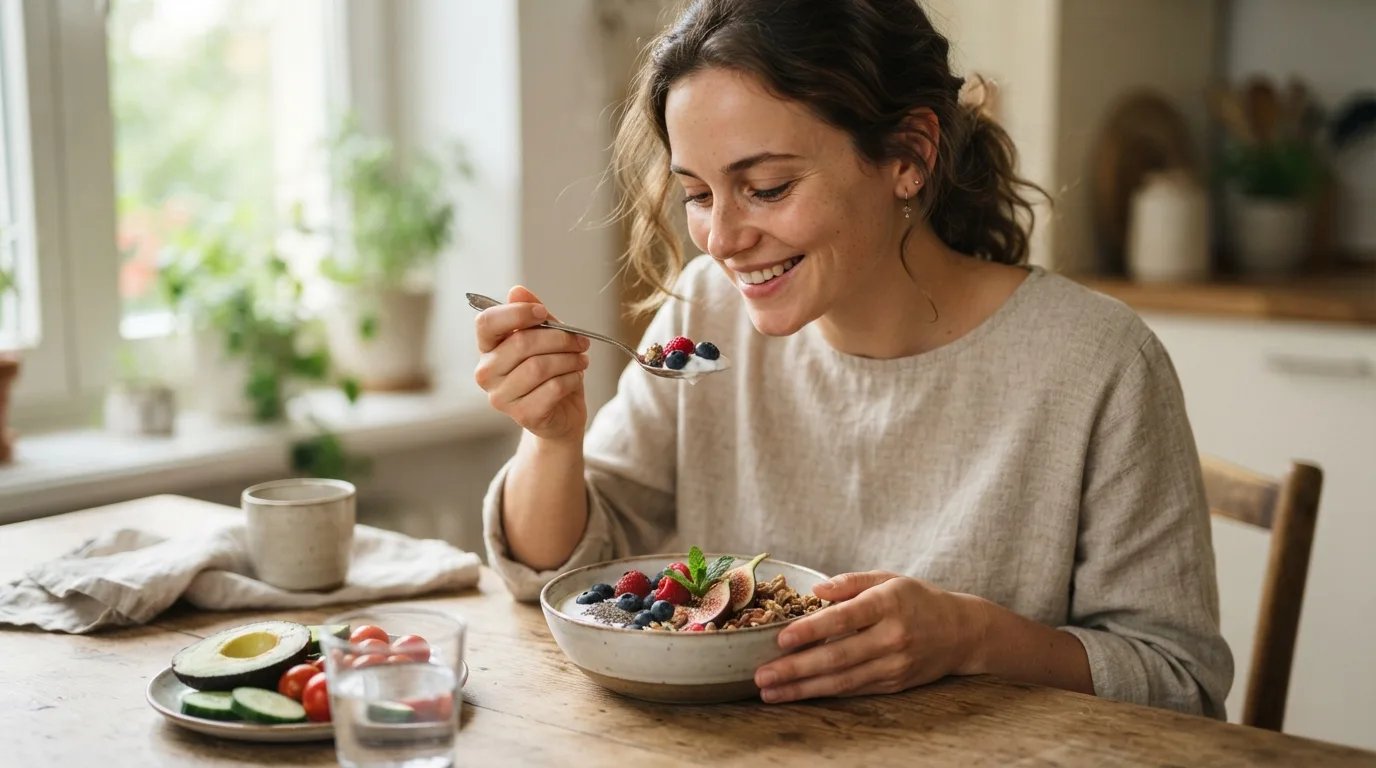 a person eating a bowl of yogurt with fruit and vegetables on the table